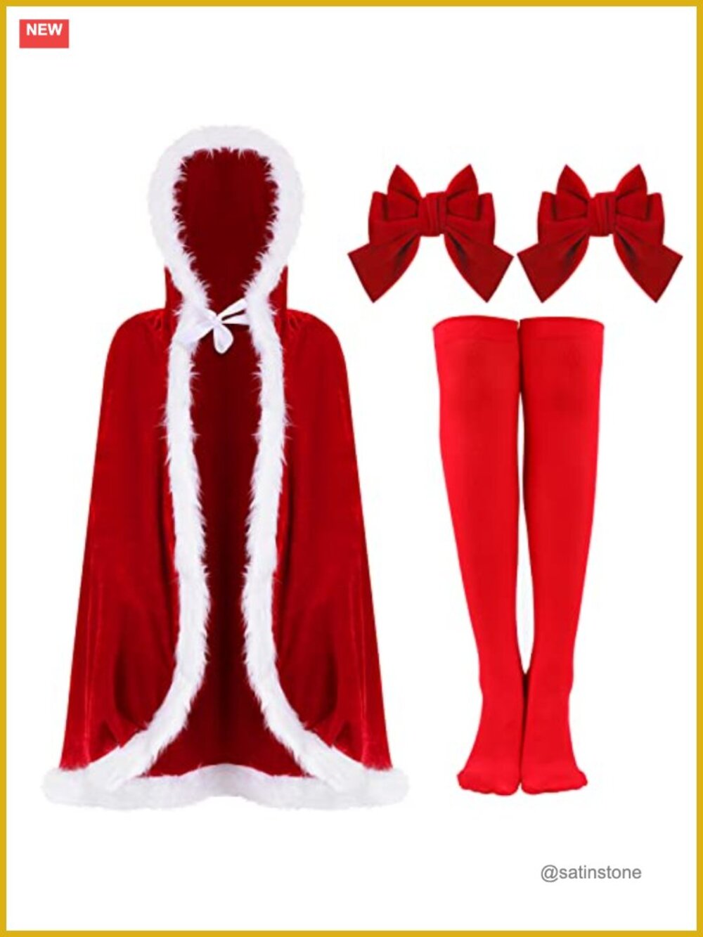Velvet Hooded Christmas Cape Set with Bow & Socks Costume